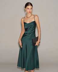 Green Satin Cowl Neck Slip Midi Dress