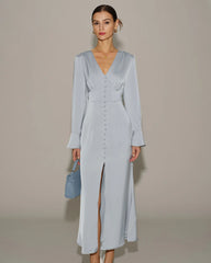 Grey Satin Bell Sleeve Maxi Dress