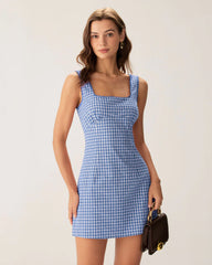 Blue Plaid Square Neck Slip Mini Dress