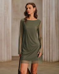 Green Mesh Boat Neck A-Line Mini Dress