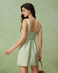 Green Plaid Square Neck Shirred Slip Mini Dress