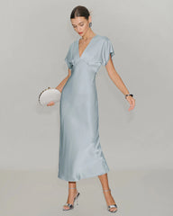 Blue Satin Cowl Sleeve Midi Dress