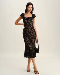 Black Textured Ruffle Mermaid Midi Dress