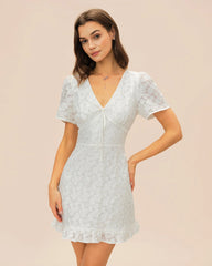 White V Neck Jacquard Mini Dress