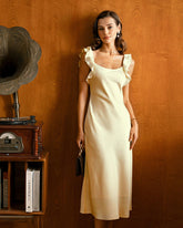 Yellow Square Neck Ruffle Satin Midi Dress