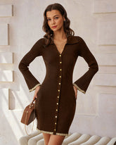 Brown Bodycon Button Sweater Dress