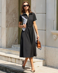 Black A-Line Belted Midi Dress
