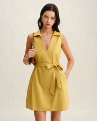 Yellow Tie Waist Sleeveless Mini Dress