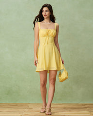 Yellow Square Neck Ruched Mini Dress