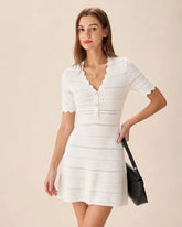 White V Neck Viscose Sweater Dress