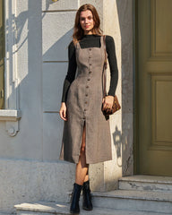 Brown A-Line Sleeveless Slit Midi Dress