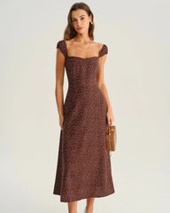 Brown Polka Dot Cap Sleeve Midi Dress