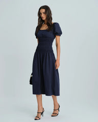 Blue Puffed Sleeve Shirred Midi Dress