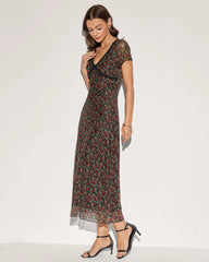 Black V Neck Floral Lace Midi Dress