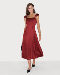 Red Sweetheart Neck Satin Midi Dress