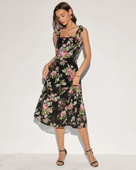 Black Floral Tie Strap Midi Dress