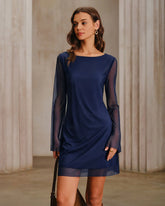 Navy Boat Neck See-Through Mini Dress
