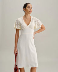 White Textured V-Neck Midi Dress