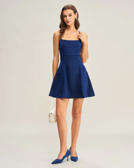Navy Satin Pleated Slip Mini Dress