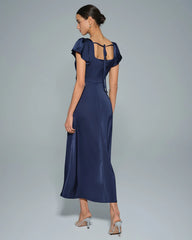 Navy Square Neck Satin Maxi Dress