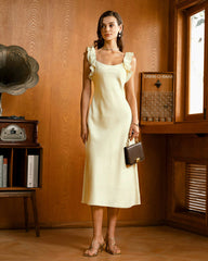 Yellow Square Neck Ruffle Satin Midi Dress