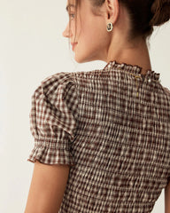 Coffee Gingham Puffed Sleeve Mini Dress