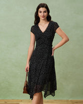 Black V Neck Polka Dot Midi Dress