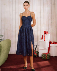 Blue Jacquard A-Line Slip Midi Dress