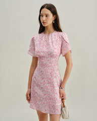 Pink Floral Round Neck Pleated Mini Dress
