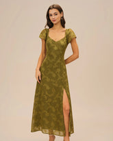 Green Sweetheart Neck Jacquard Maxi Dress
