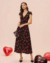 Black Floral V Neck Maxi Dress