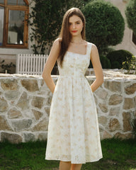 Yellow Floral Ruched Midi Dress