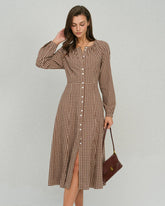 Brown Gingham Button A-Line Midi Dress