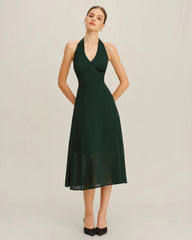 Green Chiffon A-Line Halter Midi Dress