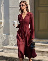 Wine Red Ruched A-Line Midi Dress