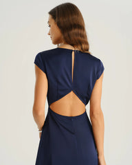 Navy Satin Cut Out Slit Midi Dress