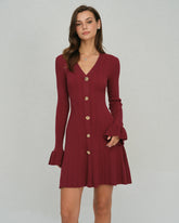 Wine Red Bell Sleeve V Neck Sweater Dress