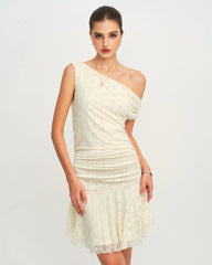 Beige Lace One Shoulder Mini Dress