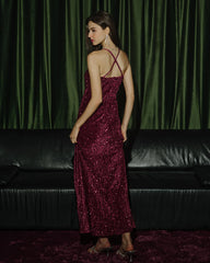 Wine Red Sequins X Cross Maxi Dress