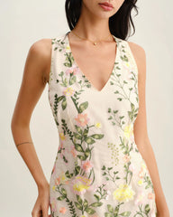 Yellow V Neck Floral Sleeveless Mini Dress