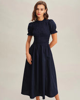 Blue Shirred A-Line Midi Dress