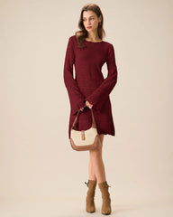 Wine Red Bell Sleeve A-Line Sweater Dress