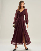 Purple V Neck See Through A-Line Maxi Dresses