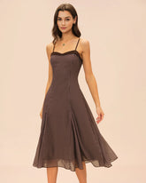 Brown Sweetheart Neck Plaid Slip Midi Dress