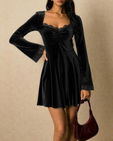 Black V Neck Tunic Velour Mini Dress
