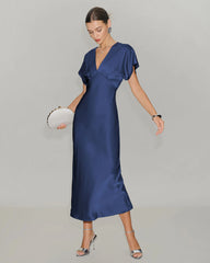 Navy Satin Cowl Sleeve Midi Dress
