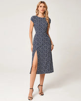 Blue Floral Cap Sleeve Midi Dress
