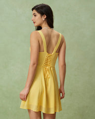 Yellow Square Neck Ruched Mini Dress