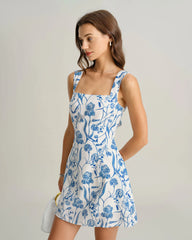 Blue Floral Tie-back Slip Mini Dress