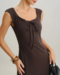 Brown Boat Neck Cap Sleeve Midi Dress